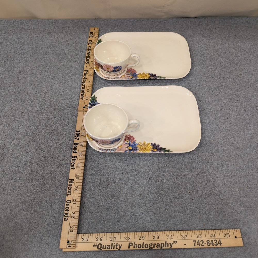 Vintage Aurillia Hand Painted Floral Ceramic Snack Set Cup and Tray 4pc VG - Picture 3 of 6